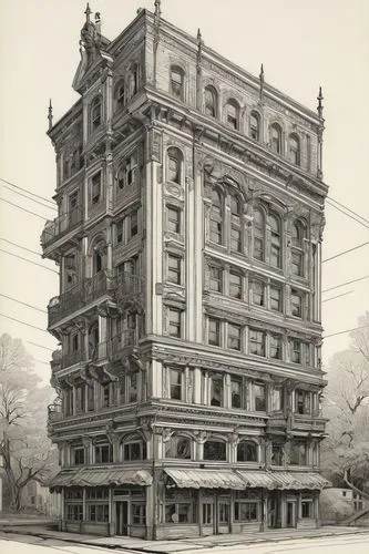 driehaus,mansard,multi-story structure,samaritaine,willis building,edificio,apthorp,ansonia,july 1888,ebbitt,guastavino,schomburg,crane house,maggiano,italianate,balmoral hotel,frontages,freneau,photographed from below,old western building,Illustration,Black and White,Black and White 01