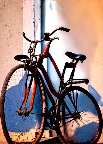 Vintage bicycle, morning sunlight, rusty chain, worn-out saddle, old-fashioned bell, metal handlebars, wooden wheels, retro-style frame, parked, leaning against wall, shallow depth of field, warm colo