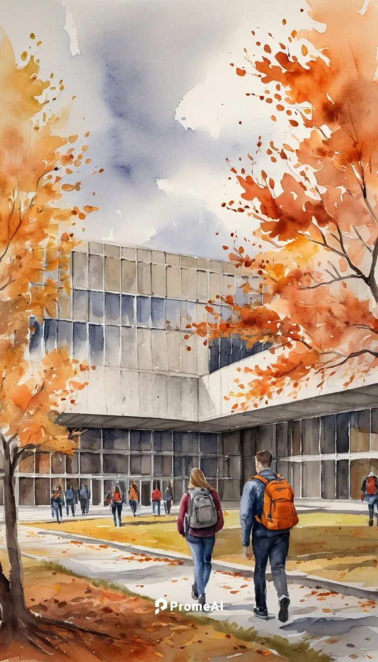 Syracuse University, modern architecture building, brutalist style, concrete structure, glass windows, steel beams, S.U. logo on façade, students walking in front of building, backpacks and laptops, a