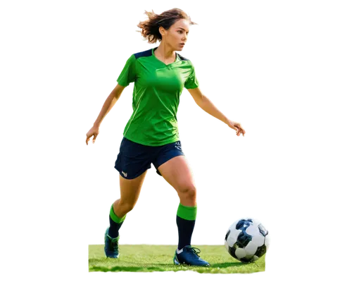 Free-running male/female soccer player, dynamic pose, athletic build, messy short hair, sweat droplets, sports uniform, shin guards, cleats, green grass, morning sun, dramatic shadow, 3/4 composition,