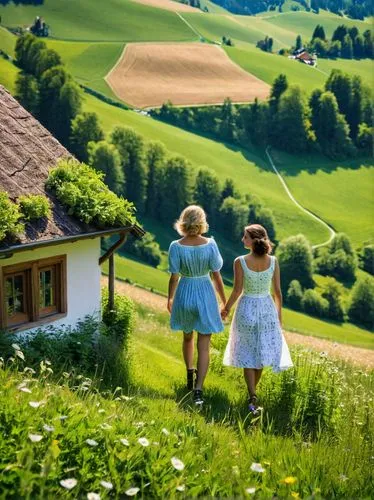 sound of music,countrywomen,little girls walking,styria,moravia,walking in a spring,Photography,Documentary Photography,Documentary Photography 09