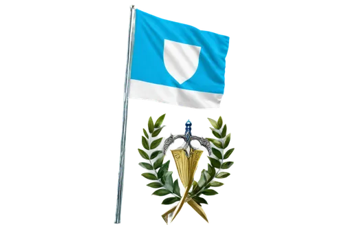 Guatemalan flag, vertical tricolor, blue white and blue stripes, golden olive wreath, silver dagger and quiver, national emblem, waving in wind, detailed folds, soft lighting, 3/4 composition, transpa