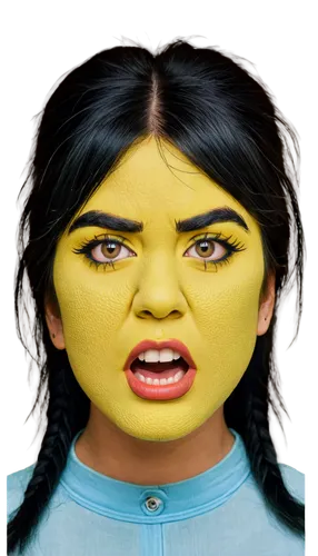 Ugly emoji face, green skin, angry eyebrows, big nose, crooked mouth, messy black hair, yellow teeth, single eyeball, simple background, front view, soft focus, warm lighting, PNG transparent backgrou