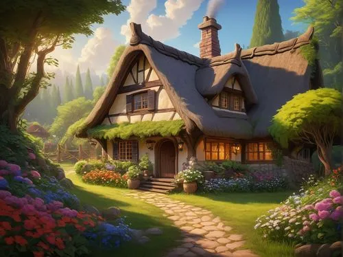 sylvania,witch's house,house in the forest,country cottage,summer cottage,little house,maplecroft,cottage,beautiful home,home landscape,forest house,dandelion hall,traditional house,dreamhouse,studio ghibli,small house,ghibli,knight village,country house,lonely house,Illustration,Realistic Fantasy,Realistic Fantasy 22