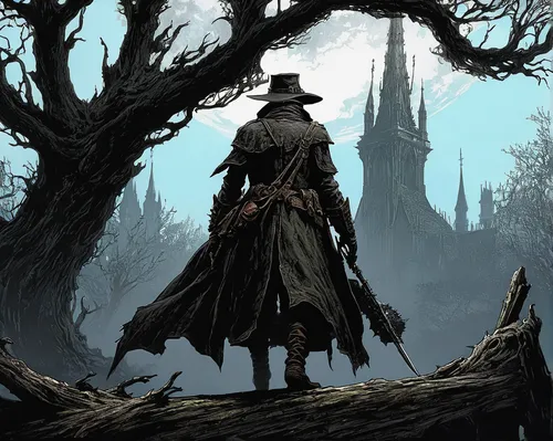 Bloodborne: The Old Hunters Mobiele Horizontaal achtergrond,the wanderer,pilgrim,scarecrow,woodsman,wanderer,gamekeeper,farmer in the woods,scythe,sherlock holmes,hunter's stand,hatter,game illustrati