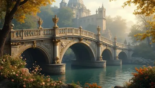 Baroque style bridge, grandiose architecture, ornate details, golden accents, intricate carvings, majestic arches, symmetrical composition, serene river flowing beneath, lush greenery surrounding, blo