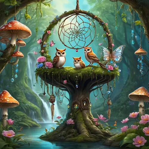 fairy forest,mushroom landscape,fairy world,bird kingdom,fairy village,fantasy picture,bird bird kingdom,enchanted forest,birds on a branch,magic tree,fantasy landscape,whimsical animals,fairy house,cartoon forest,mushroom island,birds on branch,elven forest,celtic tree,druid grove,fantasy art,Photography,General,Natural