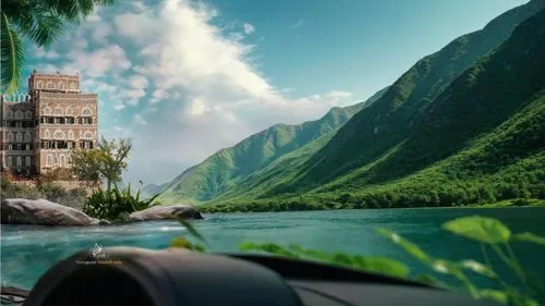 Distant green mountains and clear skies,fjord landscape,house with lake,car wallpapers,fjord,fjords,seton lake,background view nature,sognefjord,amanresorts,windows wallpaper,landscape background,aurl