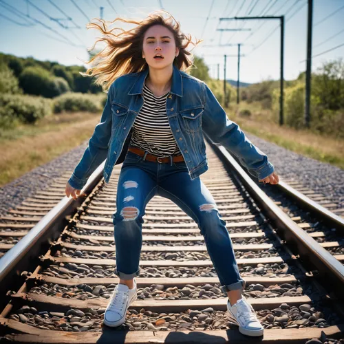 train tracks,the girl at the station,denim jacket,denim,jeans background,railroad,railroad track,railroad tracks,train shocks,train track,denim background,rail track,jean jacket,railtrack,railway track,tracks,railway tracks,train,railway,rail way,Art,Artistic Painting,Artistic Painting 50