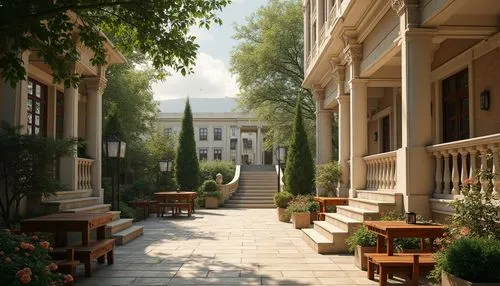 Neoclassicism hostel, outdoor courtyard, grand staircase, Doric columns, ornate railings, stone flooring, lush greenery, topiary trees, vintage lanterns, wooden benches, rustic tables, potted plants, 