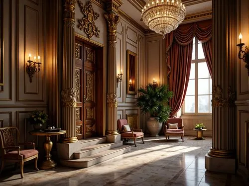 ornate room,enfilade,neoclassical,royal interior,baccarat,ballroom,victorian room,hallway,ritzau,anteroom,chambre,cochere,entrance hall,interior decoration,meurice,poshest,interior decor,opulence,interiors,danish room