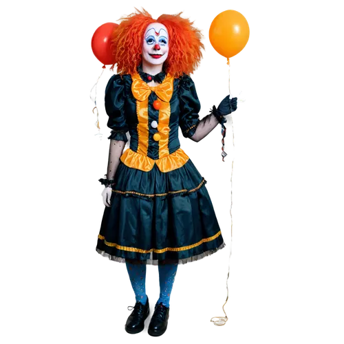 Creepy clown, solo, pale skin, red nose, painted-on smile, messy orange wig, colorful costume, oversized shoes, holding balloons, standing in dimly lit room, low-key lighting, eerie atmosphere, 3/4 co