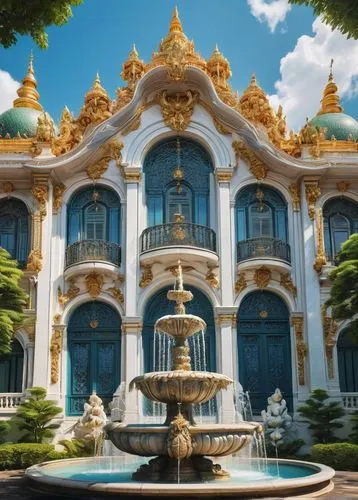 Baroque architecture design, grand palace, ornate decorations, intricate stone carvings, golden ornaments, large windows, curved lines, domed roof, symmetrical composition, daytime, sunny weather, blu