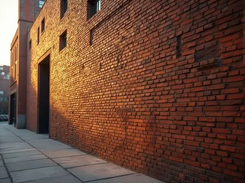 Brick wall, modern architecture, urban design, cityscape, industrial atmosphere, rusty red brick, rough texture, geometric pattern, 3/4 composition, low-angle shot, dramatic lighting, warm color tone,