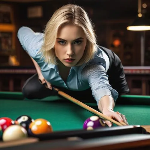 pool player,billiards,english billiards,billiard,pocket billiards,bar billiards,nine-ball,billiard ball,billiard table,billiard room,carom billiards,blackball (pool),snooker,straight pool,cue stick,eight-ball,pool,pool ball,woman playing,bowler,Illustration,Realistic Fantasy,Realistic Fantasy 25