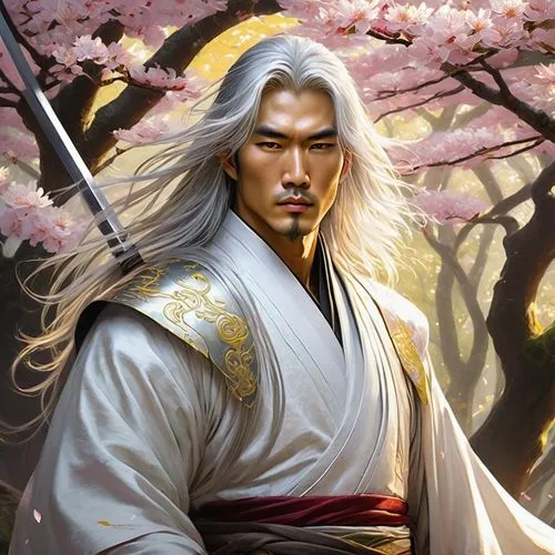 handsome asian man with long silver hair, yellow eyes, white and golden robes, two swords, fantasy sakura forest,japanese sakura background,toshiie,white blossom,hanfu,yi sun sin,hogun,ishin,takeaki,j