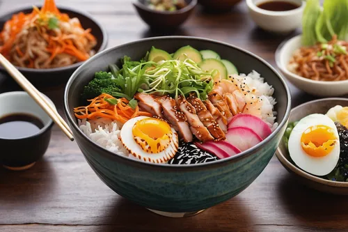 Transport the reader to a bustling street food market where vendors compete to serve the most mouth-watering donburi dishes.,naengmyeon,donburi,bibimbap,noodle bowl,rice bowl,okinawa soba,japanese cui