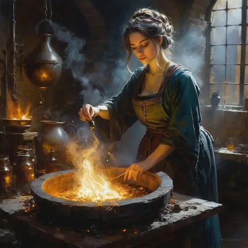 candlemaker,dwarf cookin,blacksmith,fire artist,tinsmith,metalsmith,girl in the kitchen,cookery,hearth,cauldron,smelting,silversmith,fire master,girl with bread-and-butter,red cooking,cooking pot,alchemy,fantasy art,fantasy portrait,burning candle,Conceptual Art,Fantasy,Fantasy 11