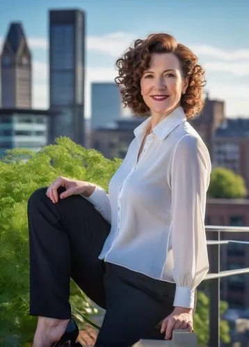 Cordelia Dawson, mature lady, 30s, curly brown hair, gentle smile, minimal makeup, white blouse, black tailored pants, heels, holding architectural model, Bristol cityscape, modern skyscraper, reflect