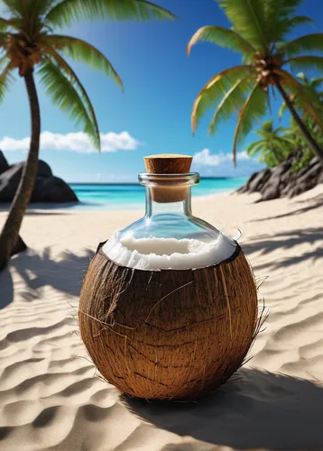 coconut, flask, survival gear, crafting, tropical island, sandy beach, palm trees, clear sky, bright sunlight, DIY, resourceful, stranded deep scenario, close-up, detailed texture, natural materials, 