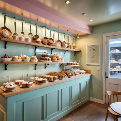 Imagine a bakery-inspired cafe with warm pastel hues, whimsical accents like hanging utensils and apron hooks, and a display case showcasing freshly baked treats as focal point,pâtisserie,pastry shop,