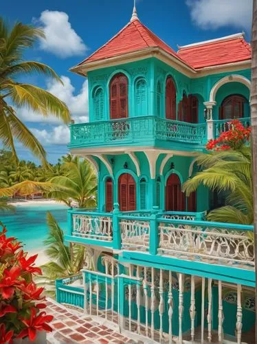 Colorful Caribbean-style villa, wooden structure, intricate balconies, ornate railings, vibrant turquoise walls, white windows, red roof tiles, lush green palm trees, floral patterns, tropical flowers