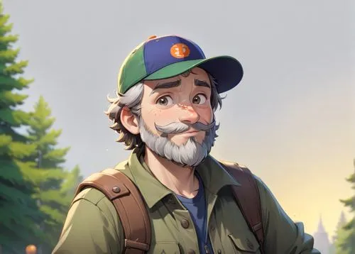 A 45 year old man, he is a forester, he is wearing an orange cap with a logo on it, his beard is chesnuts colored, he is wearing forester clothes green and brown colored, he has a few rickles on his f