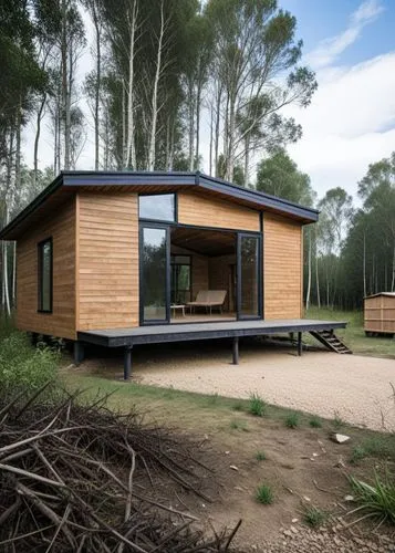 


,a small wooden cabin in the middle of a forest,timber house,dunes house,prefab,inverted cottage,passivhaus,wooden house