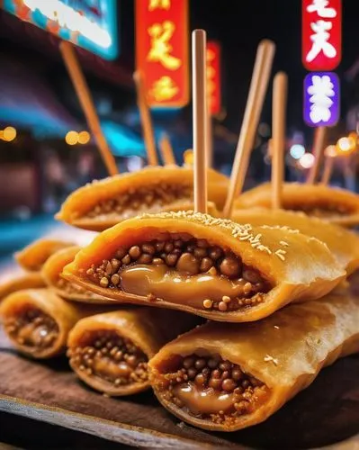 Traditional Chinese dessert, xucha, sweet potato, golden brown, crispy outer layer, soft fluffy inner filling, sesame seeds, wooden stick, night market, Taipei, street food, warm lighting, shallow dep