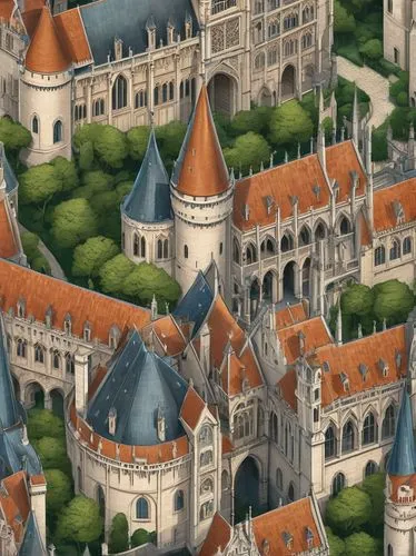 French Romaneque architecture, medieval style, grandeur castle, stone walls, Gothic arches, stained glass windows, intricate carvings, ornate details, ribbed vaults, tall spires, flying buttresses, iv