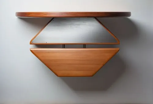 a round table made of wood and metal against a white background,a mirror sits under a wood shelf on the wall,wooden shelf,plate shelf,wooden desk,highboard,credenza,folding table,Conceptual Art,Fantas