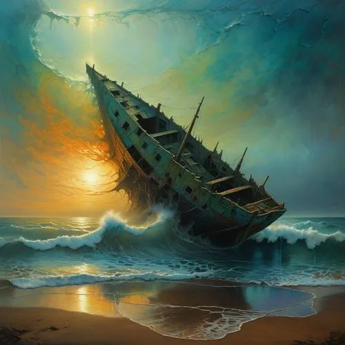 shipwreck,ship wreck,sunken ship,the wreck of the ship,sea fantasy,sea sailing ship,boat wreck,sailing ship,boat landscape,old wooden boat at sunrise,sunken boat,ghost ship,sinking,inflation of sail,caravel,digging ship,sail ship,sea landscape,sailing-boat,the wreck,Conceptual Art,Oil color,Oil Color 12