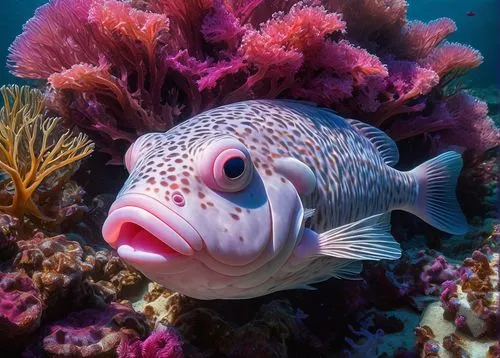 Blobfish, cute facial expression, big round eyes, pinkish-brown skin, floating near coral reef, colorful seaweed, ocean floor, sunny day, warm lighting, shallow water, gentle waves, sea fans swaying, 