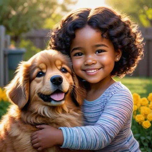 girl with dog,boy and dog,golden retriever,multiracial,cute puppy,African American girl with her puppy,Conceptual Art,Daily,Daily 01