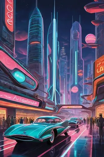 polara,retro diner,futuristic landscape,futuristic,tron,cybercity,cybertown,futurist,fantasy city,80's design,futurepop,autopia,neon arrows,riviera,retro background,futuristic car,cityscape,camaros,retro car,cyberpunk,Illustration,Retro,Retro 12