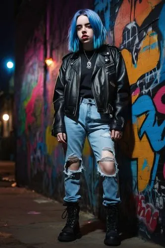 Billie Eilish, singer, solo, 18yo, bold eyebrow, blue hair, pale skin, dark eye makeup, bold lip color, edgy outfit, leather jacket, ripped jeans, black boots, mic in hand, standing, city street, nigh