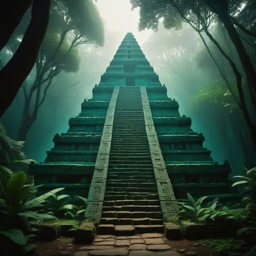 Ancient Aztec architecture, pyramid structure, intricate stone carvings, vibrant turquoise and gold accents, lush greenery surroundings, misty morning atmosphere, atmospheric lighting, dramatic shadow