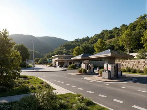 Scenic highway, rolling hills, lush greenery, natural stone walls, modern gas station architecture, sleek metal canopies, angular lines, minimalist design, eco-friendly materials, sustainable energy s