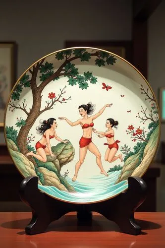 Large Chinese enamel plate, nymphs gymnastic scene, Ming Dynasty, on display in a museum by artist "anime", Anime Key Visual, Japanese Manga, Pixiv, Zerochan, Anime art, Fantia,a plate with two ladies