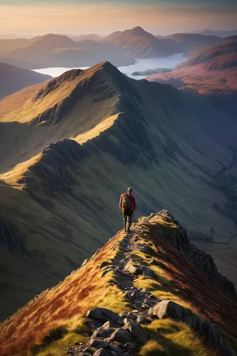 A hiker on the ridge from Red Pike to High Stile, Buttermere in the English Lake District,three peaks,lake district,mountain sunrise,scottish highlands,autumn mountains,the spirit of the mountains,hig