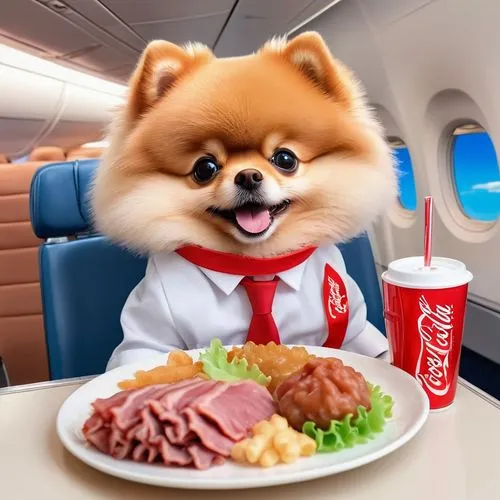 flying food,corporate jet,dogecoin,pomeranian,business jet,airplane passenger,fine dining,anthropomorphized animals,eat,kids' meal,airline,delicious meal,kawaii food,child fox,small animal food,private plane,akbash dog,kawaii animals,ceo,enjoy the meal,Illustration,Japanese style,Japanese Style 01