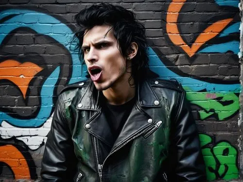 Snake human face, reptile skin tone, scaly cheekbones, sharp facial features, piercing green eyes, forked tongue out, hissing expression, messy black hair, leather jacket, torn jeans, urban street, gr