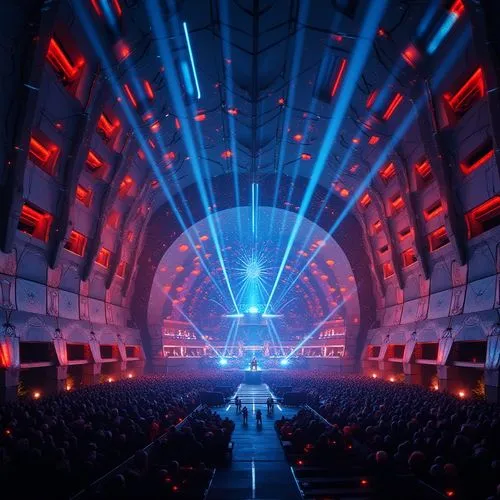 factory hall,concert stage,lasers,zaal,concert hall,megastructure,hangar,concert venue,laser,roundhouse,sulaco,lighting system,lazers,stage design,mainstage,palco,immenhausen,laser light,musical dome,coruscant,Photography,General,Realistic