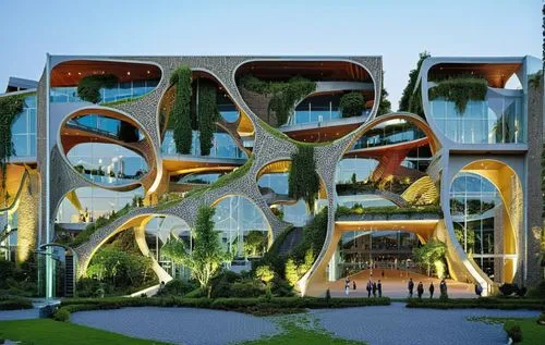 a futuristic building that has a bunch of trees in it,mirror house,glass facade,interlace,cubic house,biospheres,glass building,cube stilt houses,steel sculpture,futuristic architecture,garden sculptu