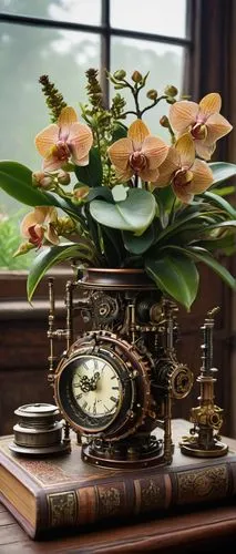 Steampunk inspired bouquet, Victorian era influenced, intricately designed, brass gears, copper pipes, vintage clockwork mechanisms, surrounded by lush greenery, exotic flowers, orchids, succulents, r