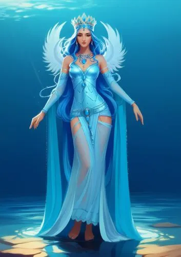 2D concept art, Achaemenid goddess Anahita, guardian of water, beautiful, long blue hair, long sleeve See-Through Achaemenid dress, silver crown, highly detailed, solid color background,a fairy is pos