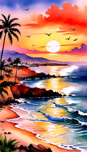 watercolor palm trees,beach landscape,tropical sea,watercolor background,coast sunset,tropical beach,sunset beach,seascape,coastal landscape,sea landscape,tropical island,sunrise beach,landscape background,tropics,beach scenery,hawaii,ocean paradise,dream beach,ocean background,an island far away landscape,Illustration,Paper based,Paper Based 25