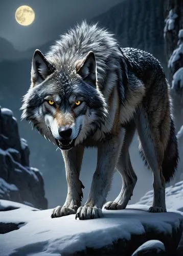 Fenrir, Greyback Wolf form, muscular male, furry grey back, sharp claws, piercing yellow eyes, strong jaws, fluffy tail, standing on all fours, snow-covered mountain, full moon, misty atmosphere, maje