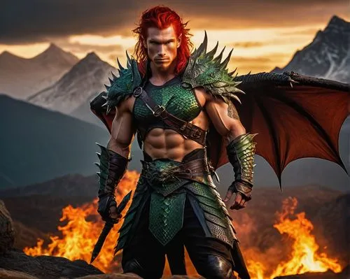 Human-dragon hybrid, half-human half-dragon, muscular male, scales on arms and legs, fiery red hair, sharp facial features, piercing green eyes, golden earring, intricate scale tattoos, worn leather a