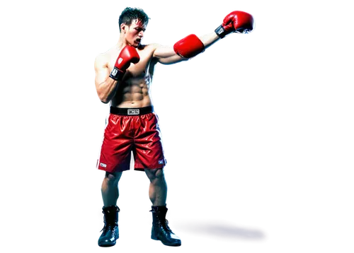 Muscular man, boxer, athletic body, sweaty skin, intense facial expression, messy hair, boxing gloves, red boxing shorts, worn-out boots, dynamic pose, punching action, spotlight effect, dramatic ligh